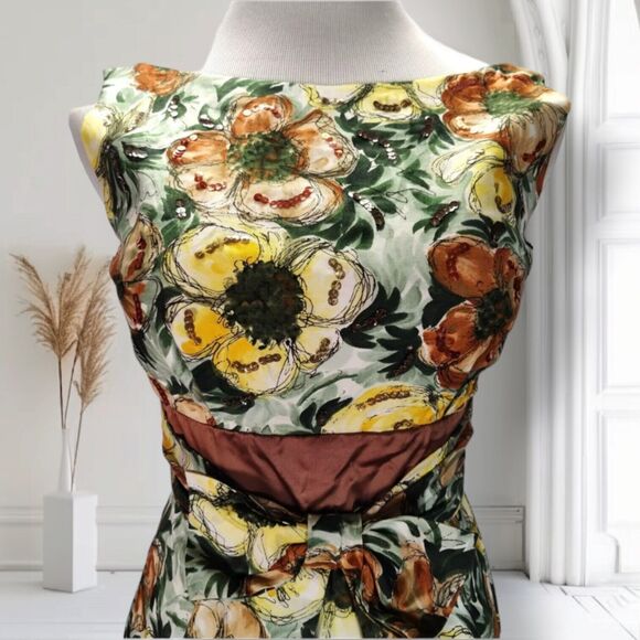 Vintage 50s Boat Neck Fit Flare Dress Size XS Yellow Brown Floral Print Sequin - Picture 6 of 16